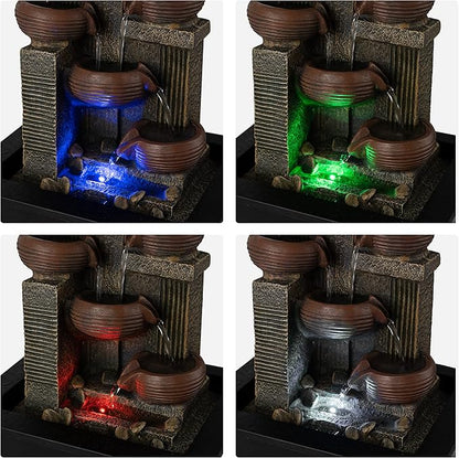 13-inch Indoor Fountains and Waterfalls Cascading 5-Tiered Pots-Tabletop Water Fountain-Desk Waterfall-with Audible Waterfall Sounds-Zen Water Fountain and Color Lights