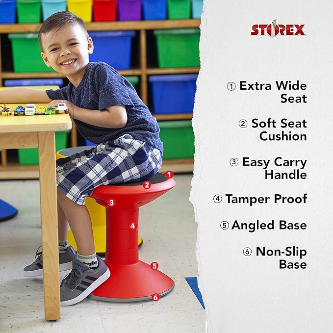 Storex Wiggle Stool – Active Flexible Seating for Classroom and Home Study, Adjustable 12-18 Inch Height, Red (00302U01C)