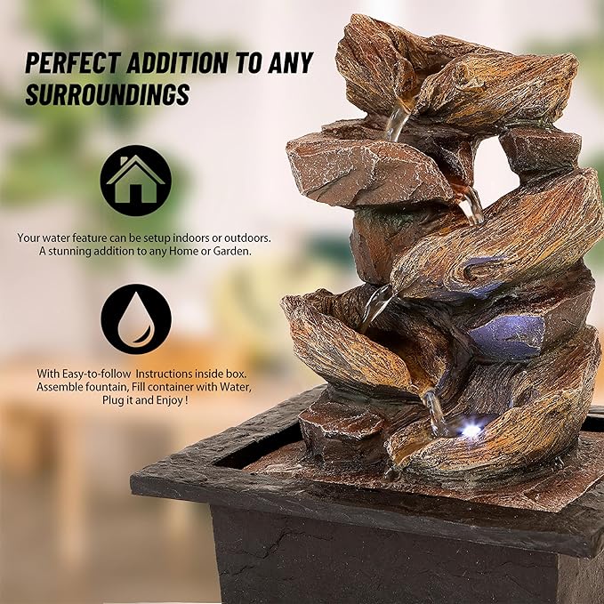 11-inch Waterfall Fountain Indoor from Stacked Cascading 5-Tier Rocky Waterfall Bowls-Tabletop Water Fountain-Indoor Fountains and Waterfalls with Soothing Sounds & in-Pot LED Light Enhancement