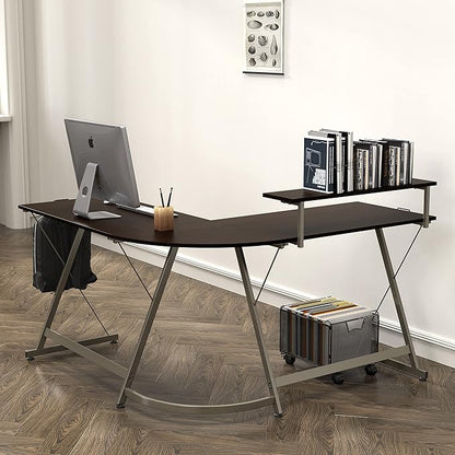 SHW Vista L-Shape Desk with Monitor Stand, Espresso