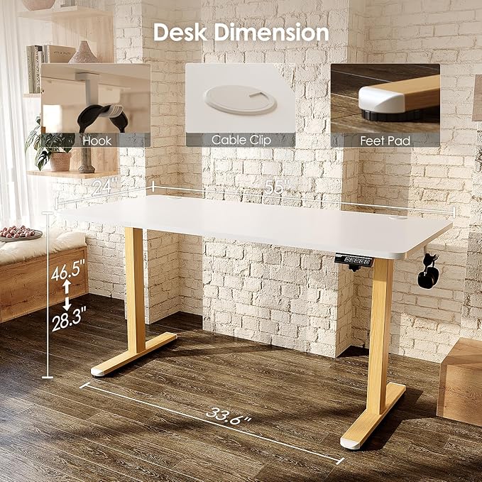 Monomi Electric Standing Desk, 55 x 24 inches Height Adjustable Desk, Ergonomic Home Office Sit Stand Up Desk with Memory Preset Controller (White Top/Wood Grain Frame)