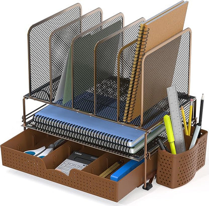 Simple Houseware Mesh Desk Organizer with Sliding Drawer, Double Tray and 5 Upright Sections, Copper