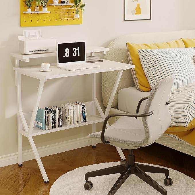 COTUBLR Small Desk, 27.5 Inch Small Computer Desk for Small Spaces, Computer Desk with Adjustable Monitor Stand, Compact Desk with Storage, Tiny Desk Study Desk for Bedroom Home Office, White