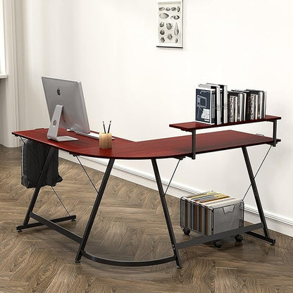 SHW Vista L-Shape Desk with Monitor Stand, Cherry