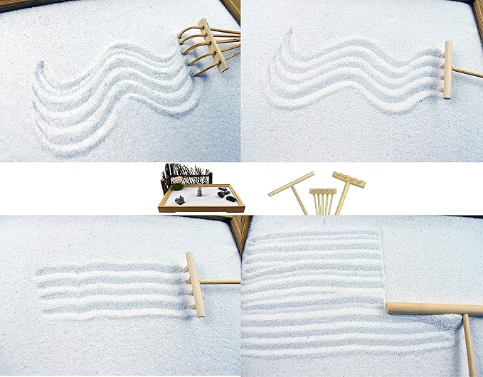 Artcome Japanese Zen Sand Garden for Desk with Rake, Stand, Rocks and Mini Furnishing Articles - Office Table Accessories, Mini Zen Sand Garden Kit - Meditation Gifts