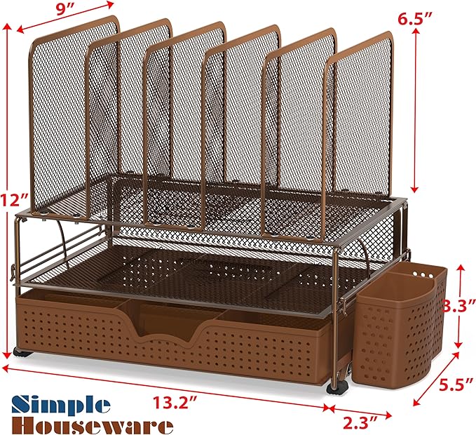 Simple Houseware Mesh Desk Organizer with Sliding Drawer, Double Tray and 5 Upright Sections, Copper