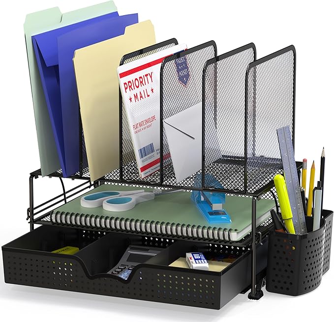 Simple Houseware Mesh Desk Organizer with Sliding Drawer, Double Tray and 5 Upright Sections, Black