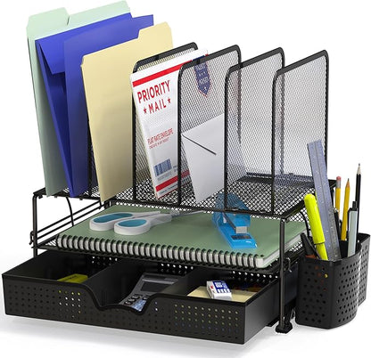 Simple Houseware Mesh Desk Organizer with Sliding Drawer, Double Tray and 5 Upright Sections, Black