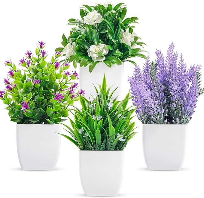 Der Rose 4 Pack Small Fake Plants Artificial Plants Indoor with Flowers for Home Bathroom Kitchen Office Desk Decor