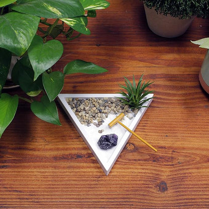 Nature's Mark Mini Zen Garden Kit for Desk with White Sand, Rake, White Base, Salt Rock and Air Plant (Triangle)