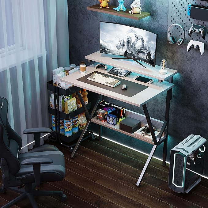 COTUBLR Small Desk, Small Computer Desk for Small Spaces, 27.5 Inch Computer Desk with Adjustable Monitor Stand, Compact Desk with Storage for Bedroom Home Office, White Tabletop+Black Frame