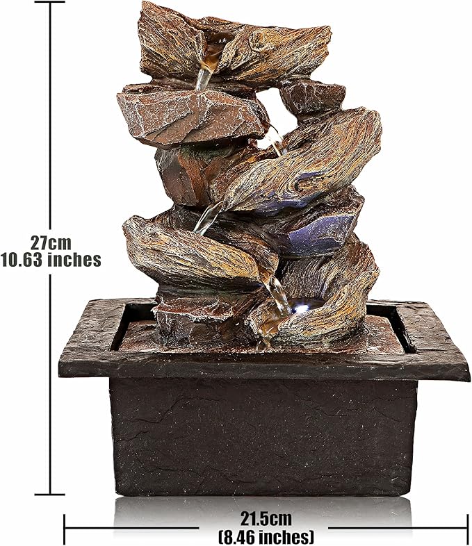 11-inch Waterfall Fountain Indoor from Stacked Cascading 5-Tier Rocky Waterfall Bowls-Tabletop Water Fountain-Indoor Fountains and Waterfalls with Soothing Sounds & in-Pot LED Light Enhancement