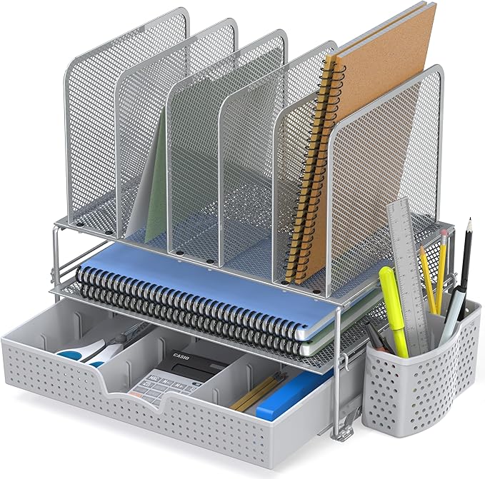 Simple Houseware Mesh Desk Organizer with Sliding Drawer, Double Tray and 5 Upright Sections, Silver