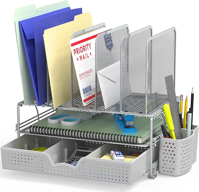 Simple Houseware Mesh Desk Organizer with Sliding Drawer, Double Tray and 5 Upright Sections, Silver