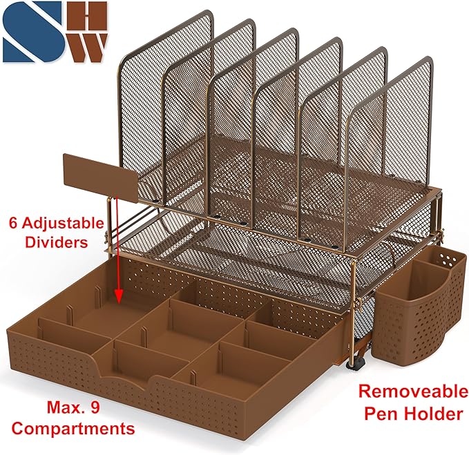 Simple Houseware Mesh Desk Organizer with Sliding Drawer, Double Tray and 5 Upright Sections, Copper