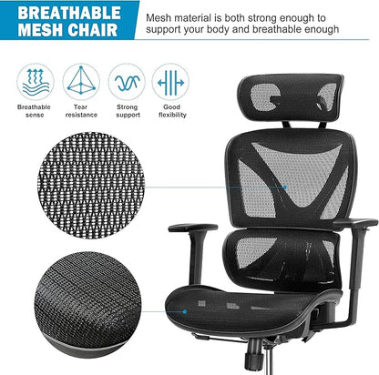 GABRYLLY Ergonomic Office Chair, Big and Tall Mesh Chair with Lumbar Support, Adjustable 3D Arms, Reclining, Headrest & Large Seat - Home Office Desk Chair for Man Woman(Grey)