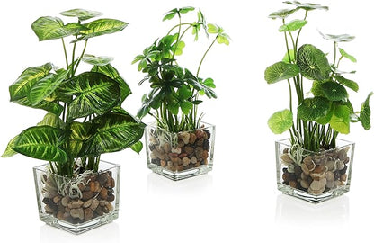 MyGift Set of 3 Artificial Plants, Faux Tabletop Greenery w/Clear Glass Pots