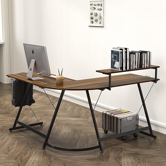 SHW Vista L-Shape Desk with Monitor Stand, Walnut