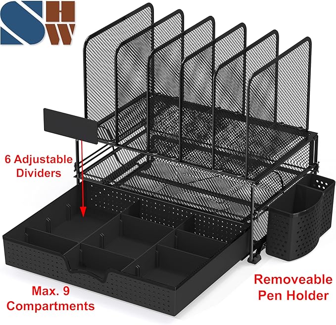 Simple Houseware Mesh Desk Organizer with Sliding Drawer, Double Tray and 5 Upright Sections, Black