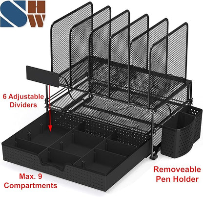 Simple Houseware Mesh Desk Organizer with Sliding Drawer, Double Tray and 5 Upright Sections, Black