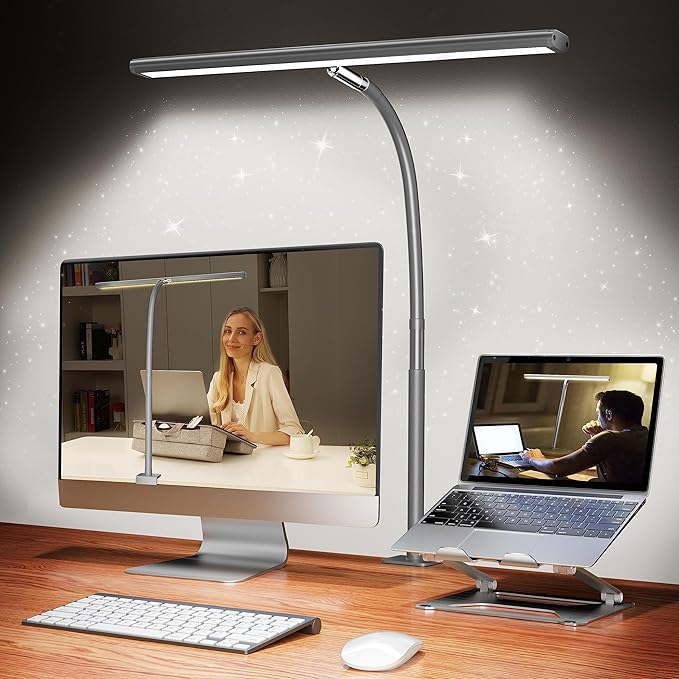 LED Desk Lamp for Office Home, Eye-Caring Desk Light with Stepless Dimming Adjustable Flexible Gooseneck, 10W USB Adapter Desk Lamp with Clamp for Reading, Study, Workbench (Grey)