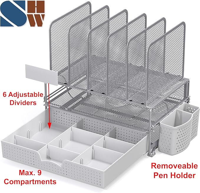 Simple Houseware Mesh Desk Organizer with Sliding Drawer, Double Tray and 5 Upright Sections, Silver