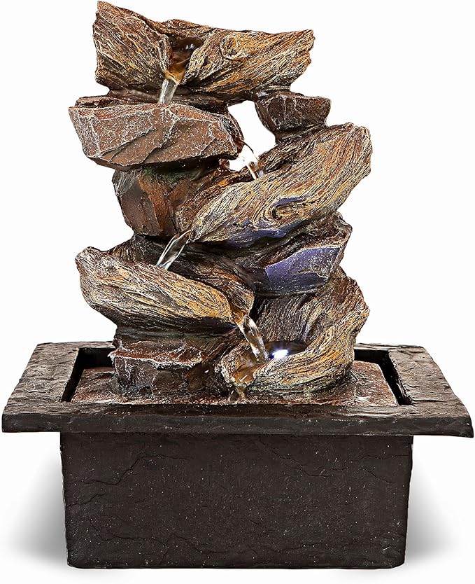 11-inch Waterfall Fountain Indoor from Stacked Cascading 5-Tier Rocky Waterfall Bowls-Tabletop Water Fountain-Indoor Fountains and Waterfalls with Soothing Sounds & in-Pot LED Light Enhancement