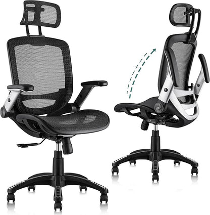 GABRYLLY Ergonomic Office Chair, High Back Home Desk Chair with Headrest, Flip-Up Arms, 90-120° Tilt Lock and Wide Cushion, Big and Tall Mesh Chairs for Man Woman, Black Task Chair