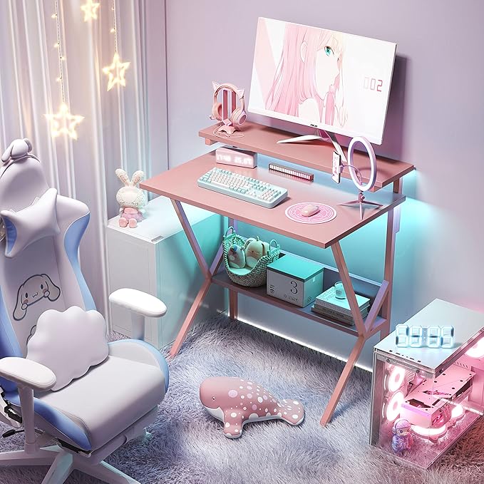 COTUBLR Small Desk, 27.5 Inch Small Computer Desk for Small Spaces, Computer Desk with Adjustable Monitor Stand, Compact Desk with Storage, Tiny Desk Study Desk for Bedroom Home Office, Pink