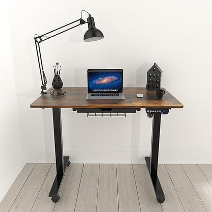 SHW Small Electric Height Adjustable Mobile Sit Stand Desk with Drawer, Hanging Hooks and Cable Management, 40 x 24 Inches, Rustic Brown