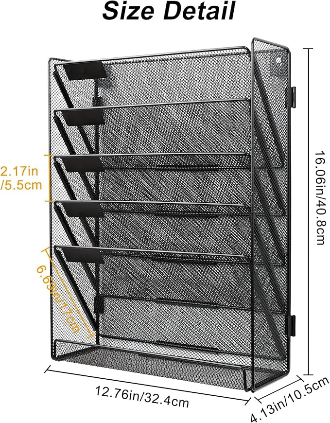 EasyPAG 2 Pack Wall File Organizer 5 Tier Assembly Office Supplies Vertical Hanging File Folders Holder Paper Rack,Black