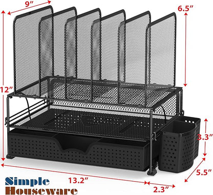 Simple Houseware Mesh Desk Organizer with Sliding Drawer, Double Tray and 5 Upright Sections, Black