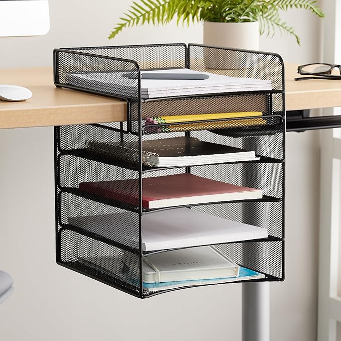 Safco Onyx Hanging Desktop Organizer with 5 Horizontal Trays, Under-Desk Storage. Fits Tables 1.75" Thick and Under