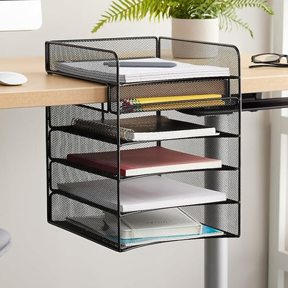 Safco Onyx Hanging Desktop Organizer with 5 Horizontal Trays, Under-Desk Storage. Fits Tables 1.75" Thick and Under