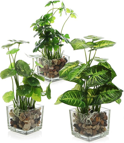 MyGift Set of 3 Artificial Plants, Faux Tabletop Greenery w/Clear Glass Pots