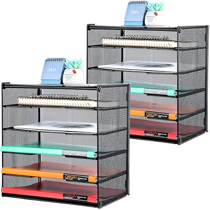 Samstar 2 Pack Paper Letter Tray, Mesh Desk File Organizer with 5 Tier Shelf and Sorter, Black