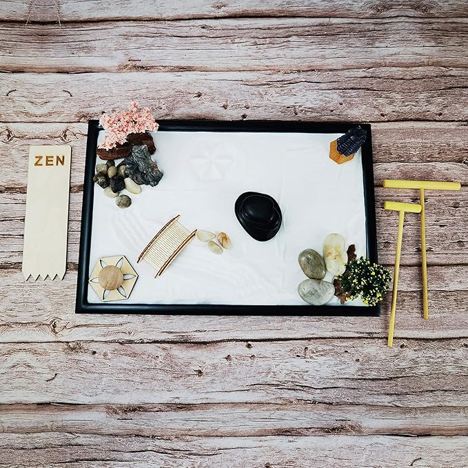 Japanese Relax Desktop Zen Garden Kit for Desk, Mini Meditation kit with Square Sandbox 11.8“ x 8", Balance Stones, Bamboo Rake, White Sand, Cherry Blossom Tree