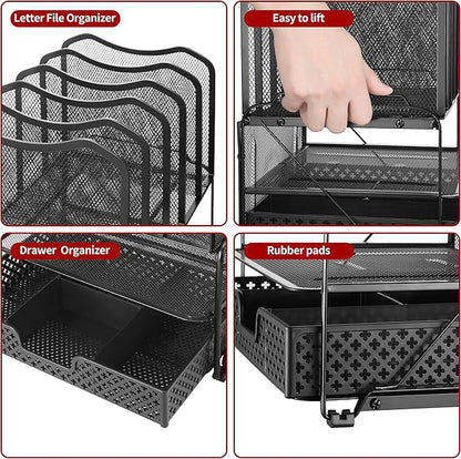 Simple Trending Mesh Desk File Organizer, Office Supplies Desktop Storage with Sliding Drawer, Double Tray and 5 Upright Section Sorter Organizer, Black