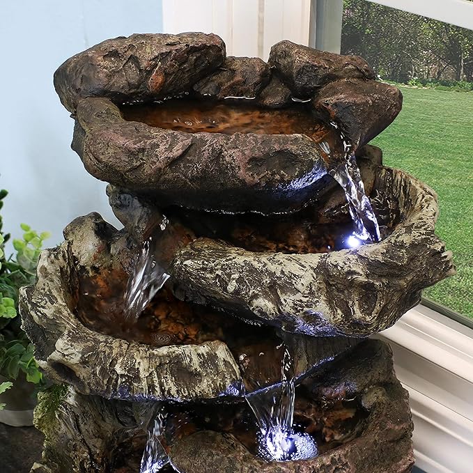 Sunnydaze 14-Inch 5-Step Indoor Tabletop Fountain with LED Lights - Electric Submersible Pump - Polyresin and Fiberglass