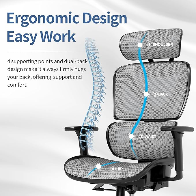 GABRYLLY Ergonomic Office Chair, Big and Tall Mesh Chair with Lumbar Support, Adjustable 3D Arms, Reclining, Headrest & Large Seat - Home Office Desk Chair for Man Woman(Grey)