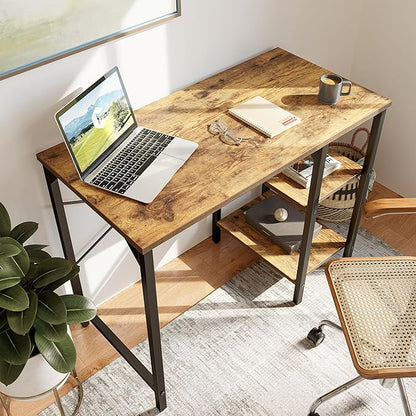 CubiCubi Small Computer Desk, 35 Inch Home Office Desk with 2 Storage Shelves on Left or Right Side, Study Writing Desk with Storage Board, Rustic Brown