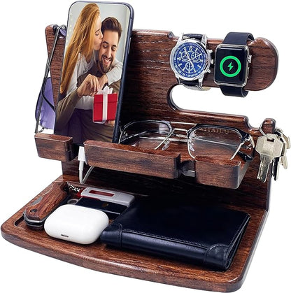 Gifts for Men Women Dad Husband Boyfriend Wood Phone Docking Station Nightstand Organizer for Men Gift Ideas for Mother's Day,Father's Day, Christmas, and Valentine's Day(Dark Brown)