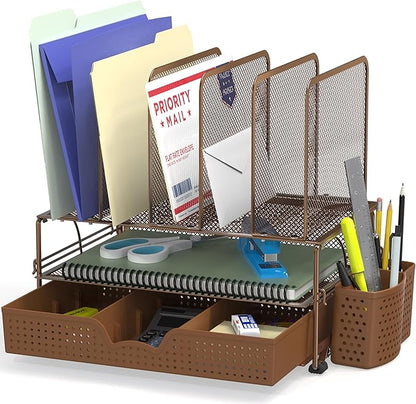 Simple Houseware Mesh Desk Organizer with Sliding Drawer, Double Tray and 5 Upright Sections, Copper