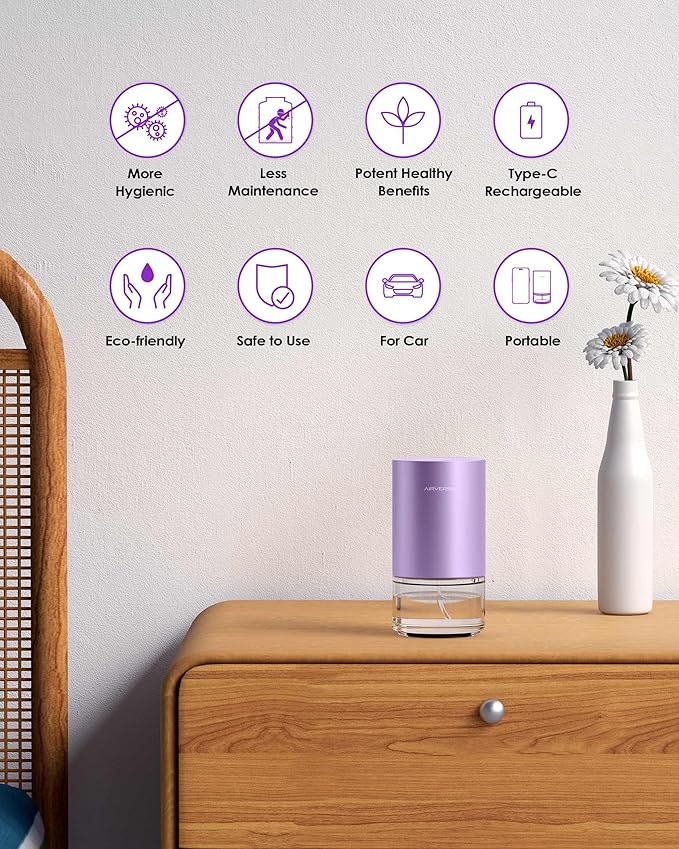 Essential Oil Diffuser Waterless Aromatherapy Diffusers for Home Large Room, Bedroom, Car, Office, Desk, Battery Operated, Small Diffuser for Pure Scent, 100ml Capacity, AN9 (Lavender)