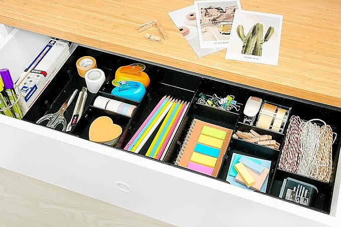 CAXXA 3 Slot Drawer Organizer with 4 Adjustable Dividers - Junk Drawer Storage for Office Desk Supplies and Accessories, Black (1 Pack)