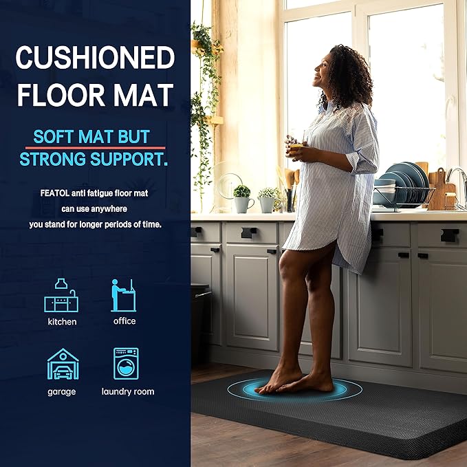 Anti Fatigue Mat Kitchen Floor Mat, FEATOL Standing Desk Mat Foam Cushioned Anti Fatigue Mats Comfort Standing Pad 9/10 Inch Thick (Black, 24x70x9/10-Inch)