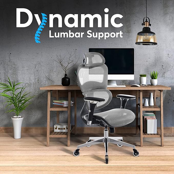 Oline ErgoPro Ergonomic Office Chair - Rolling Desk Chair with 4D Adjustable Armrest, 3D Lumbar Support and Blade Wheels - Mesh Computer Chair, Gaming Chairs, Executive Swivel Chair (Light Gray)