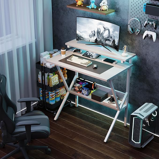 COTUBLR Small Desk, 27.5 Inch Small Computer Desk for Small Spaces, Computer Desk with Adjustable Monitor Stand, Compact Desk with Storage, Tiny Desk Study Desk for Bedroom Home Office, White