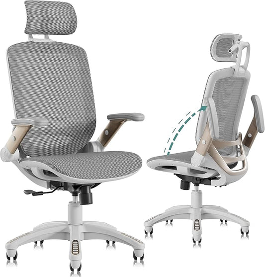 GABRYLLY Ergonomic Office Chair, High Back Home Desk Chair with Headrest, Flip-Up Arms, 90-120° Tilt Lock and Wide Cushion, Big and Tall Mesh Chairs for Man Woman, White Task Chair