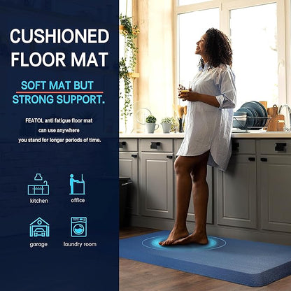 Anti Fatigue Mat Floor Kitchen Mat, FEATOL Standing Desk Mat Foam Cushioned Anti Fatigue Mats Comfort Standing Pad 9/10 Inch Thick (20" x 32", Blue)